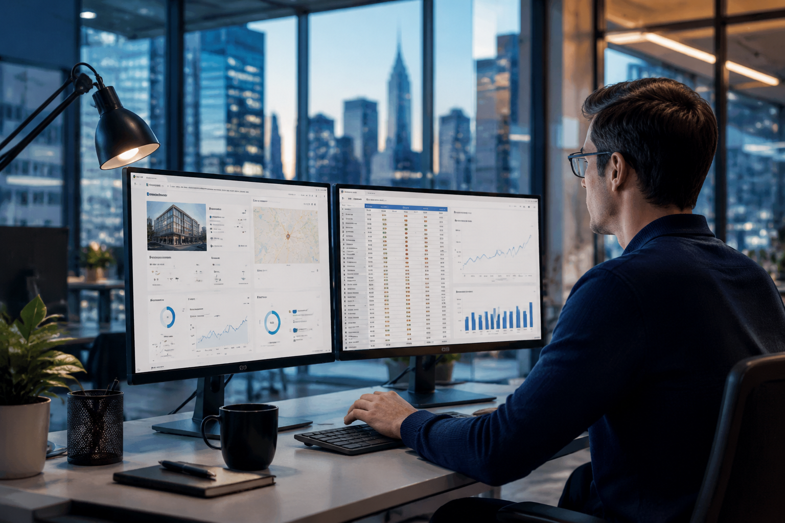 Wide-angle () showing a bank marketing professional seated at a clean desk with dual monitors displaying a Google Business