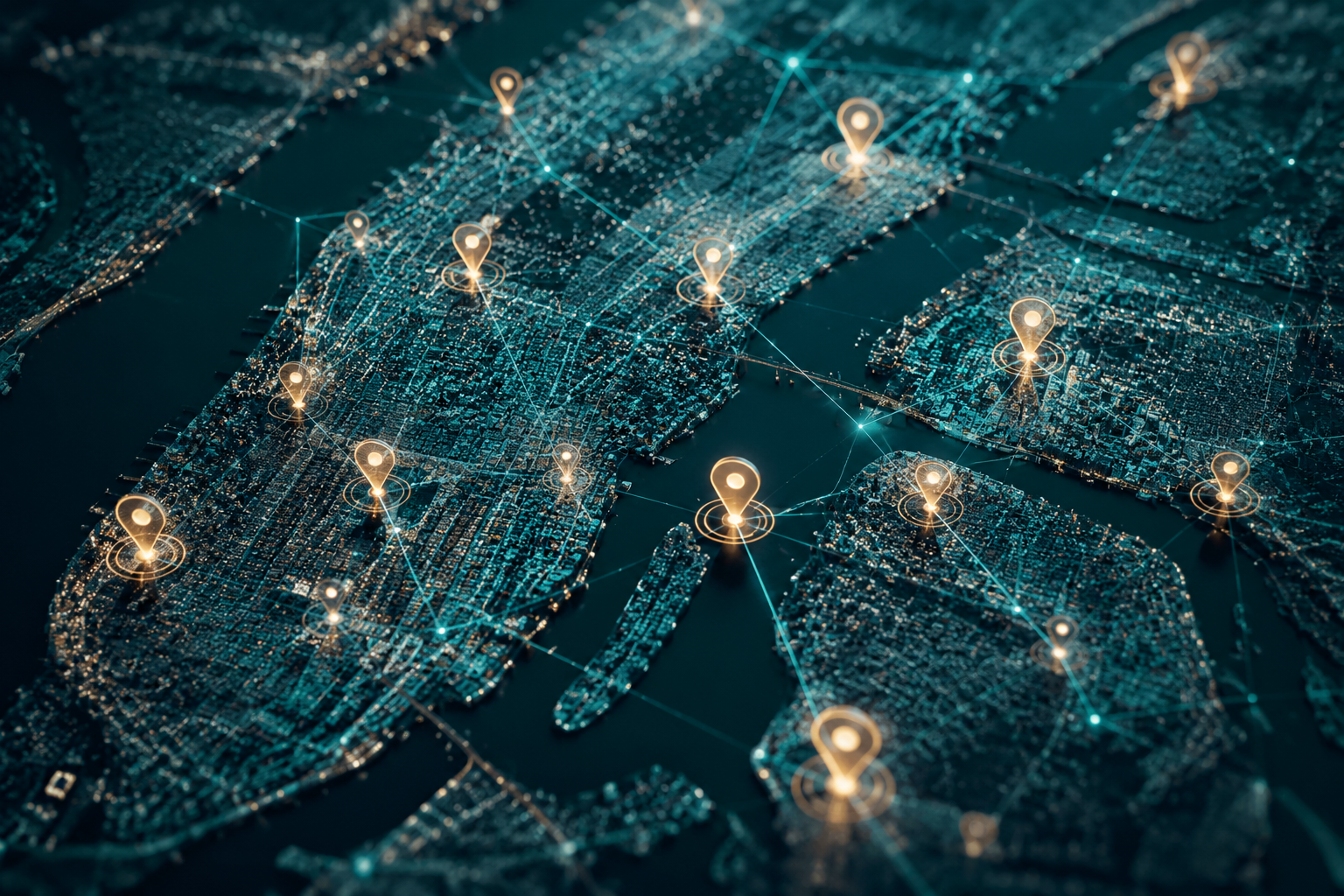 () bird's-eye view of a neighborhood map overlaid with glowing location pin clusters marking multiple bank branch locations,