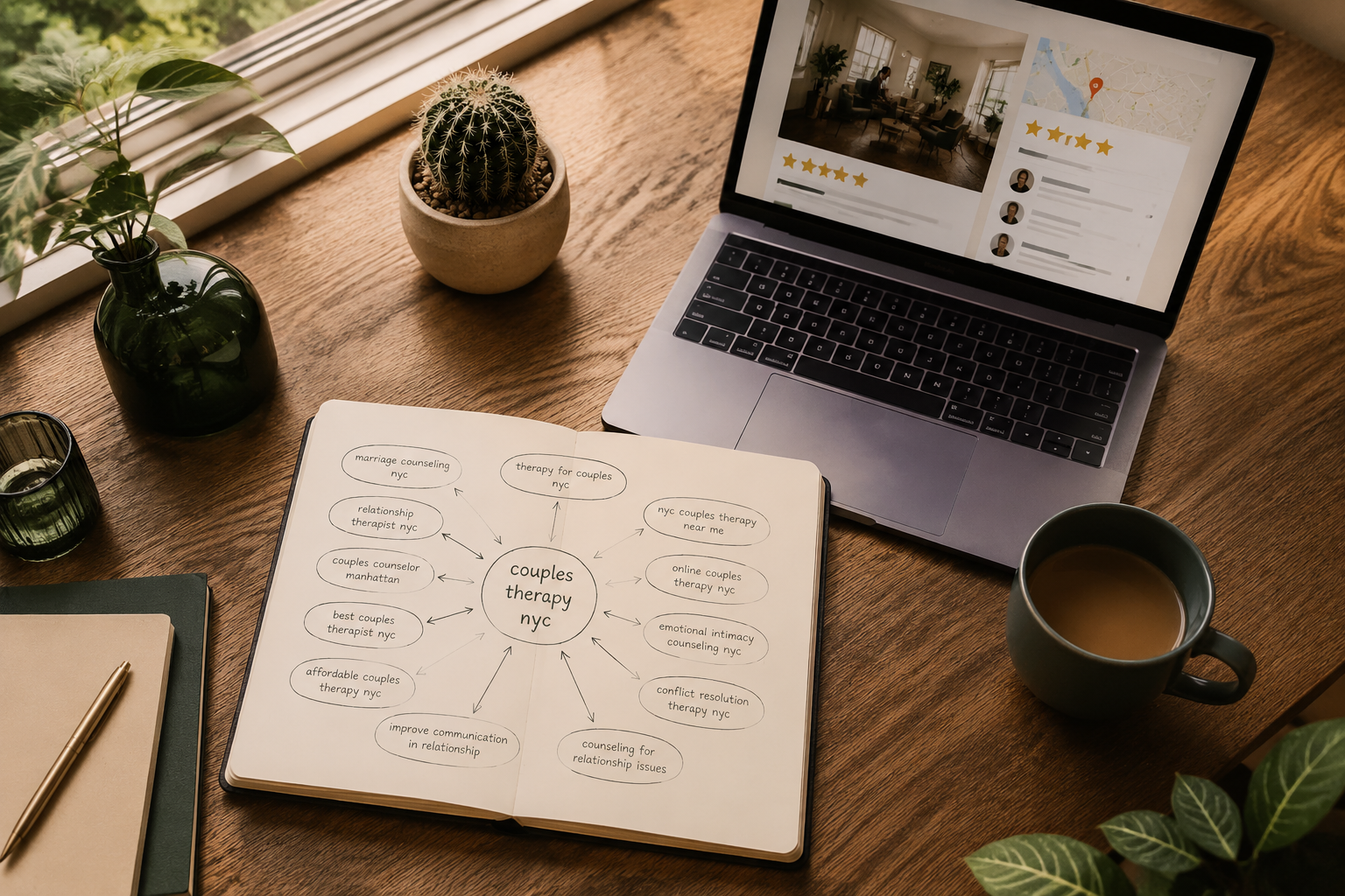 () overhead flat-lay of a therapist's desk with a notebook open to a hand-drawn keyword map branching from 'couples therapy